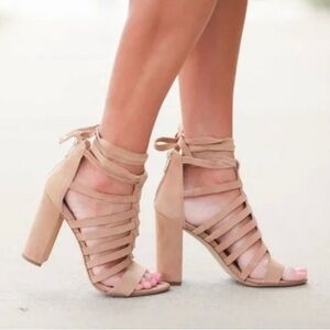 Sam Edelman Tan Yarina Strappy Ankle Block High Heel Zip Close Sandal Shoes 6.5